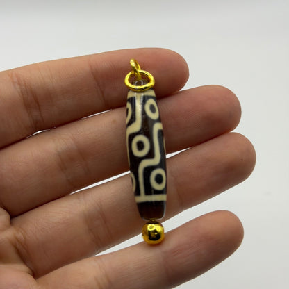 Vintage Tibetan Dzi Eye Agate Bead Tube Pendant Gold Tone Charm