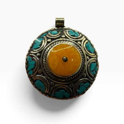 Vintage Tibetan Tribal Round Mandala Pendant Faux Amber Turquoise Mosaic