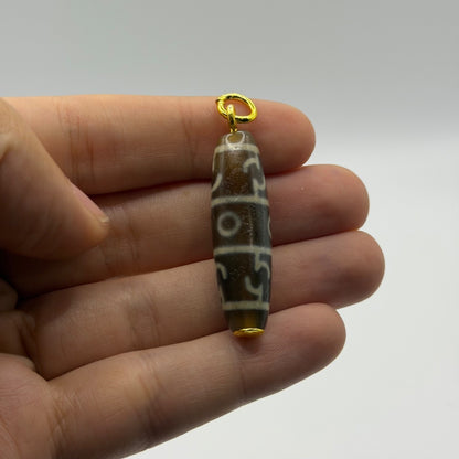 Vintage Tibetan Dzi Eye Agate Bead Tube Pendant Gold Tone Charm