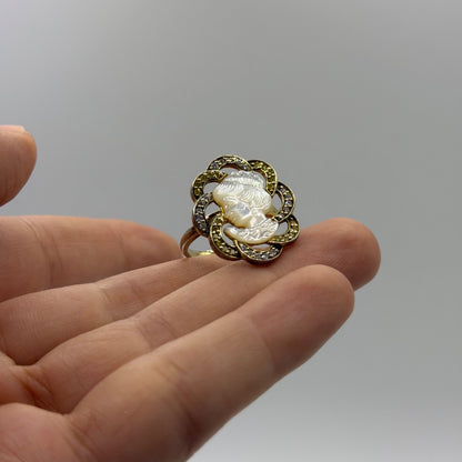 Vintage Silver Gold Plated Shell Cameo Ring Carved Portrait Rhinestone Frame⁠