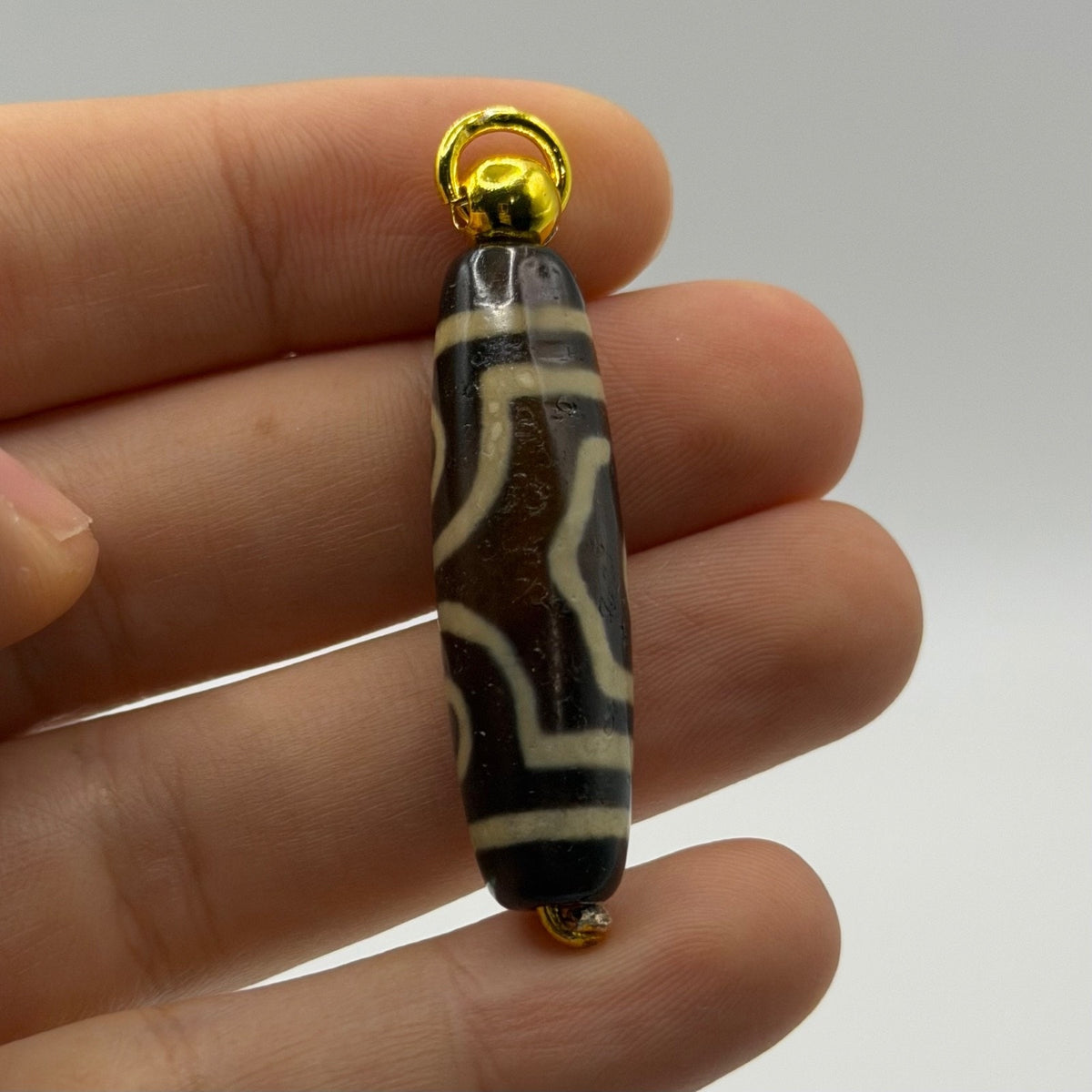 Vintage Tibetan Dzi Eye Agate Bead Tube Pendant Gold Tone Charm