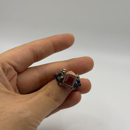 Vintage Silver Red Carnelian & Blue Glass Granulated Bead Accent Ring