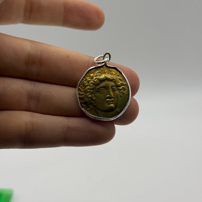 Ancient Roman Greek Style Gold Tone Coin Pendant