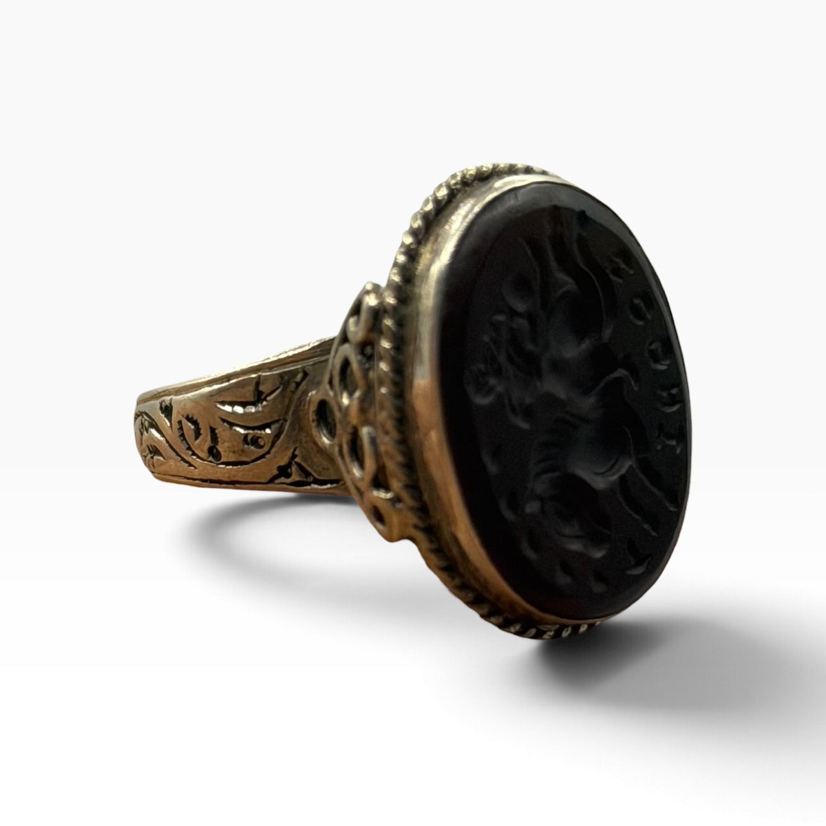 Antique Style Silver Filigree Ring with Oval Black Intaglio Gemstone