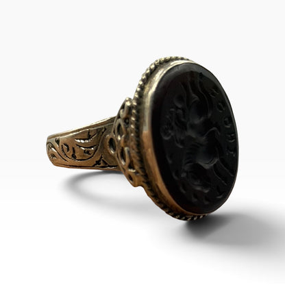 Antique Style Silver Filigree Ring with Oval Black Intaglio Gemstone