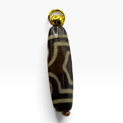 Vintage Tibetan Dzi Eye Agate Bead Tube Pendant Gold Tone Charm