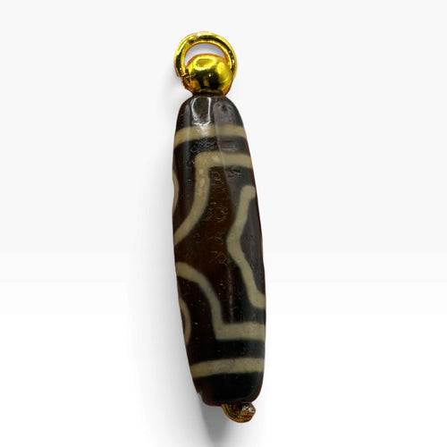 Vintage Tibetan Dzi Eye Agate Bead Tube Pendant Gold Tone Charm