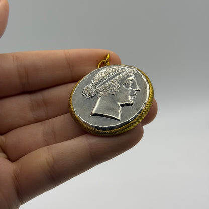Ancient Roman Greek Style Silver & Gold Plated Coin Pendant