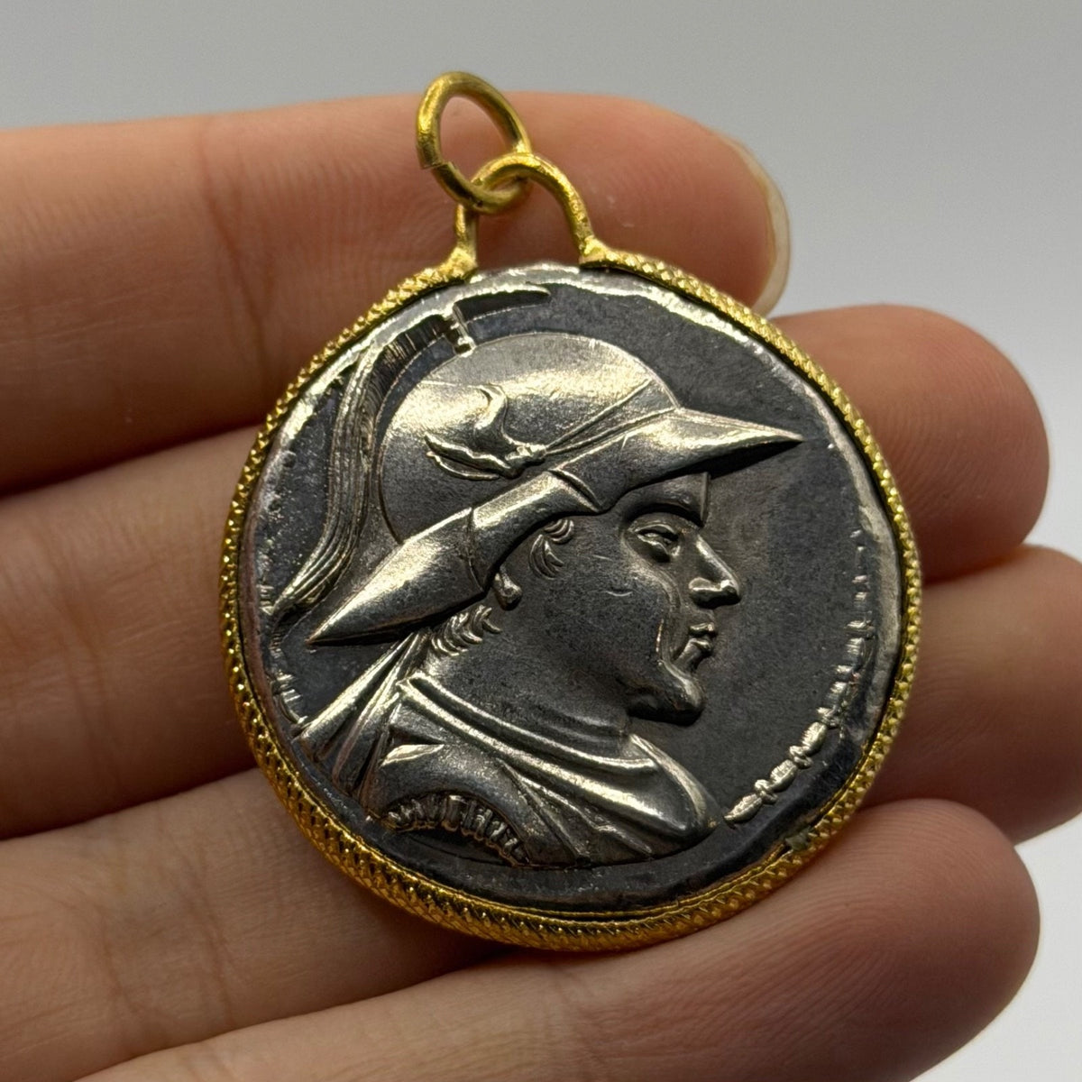 Ancient Greek Bactrain Inspired Silver Plated Gold Gilded Coin Pendant