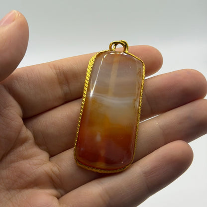 Vintage Gold Tone Natural Banded Carnelian Agate Rectangular Slab Pendant