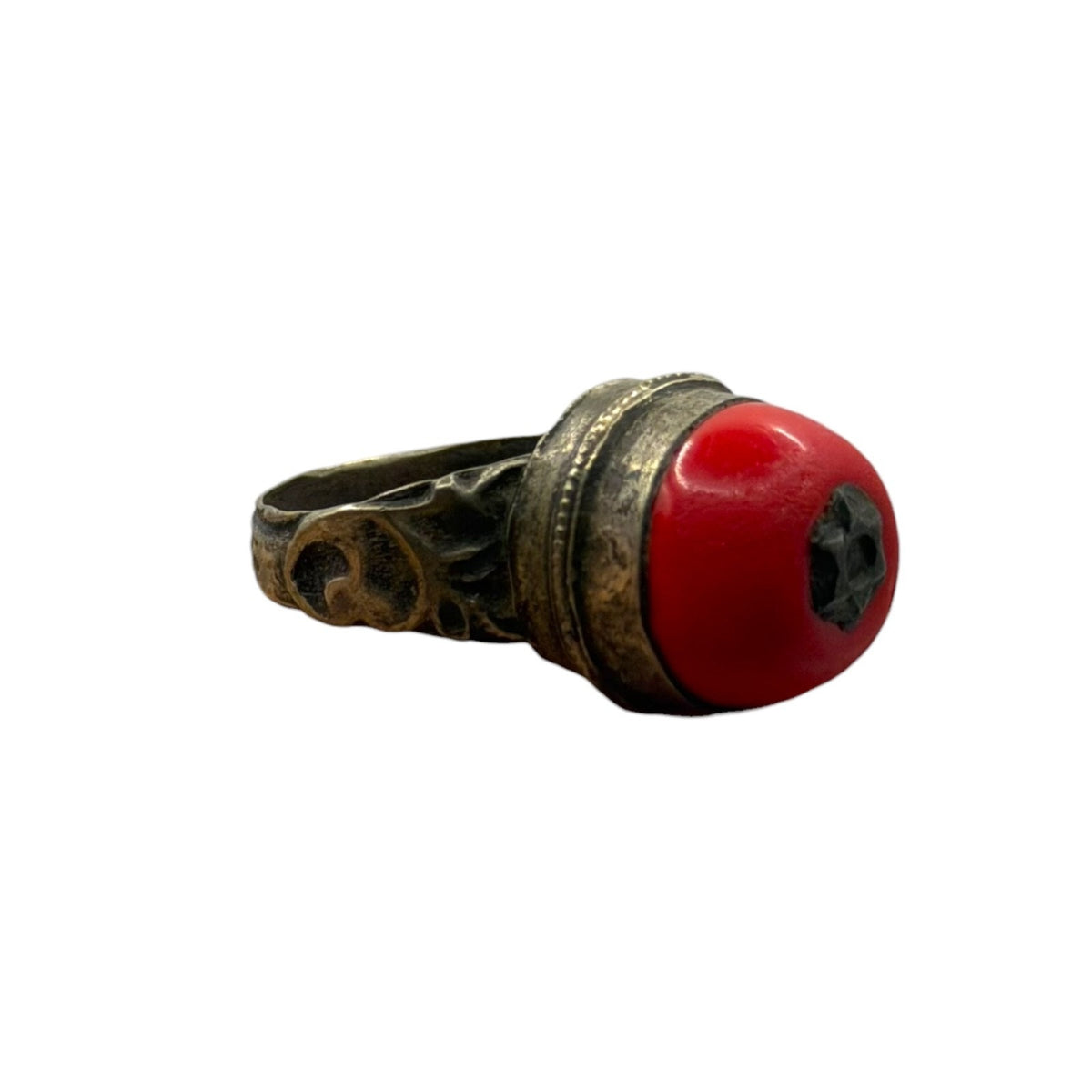 Antique Silver Filigree Ring with Round Red Coral Cabochon