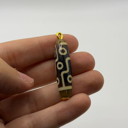 Vintage Tibetan Dzi Eye Agate Bead Tube Pendant Gold Tone Charm
