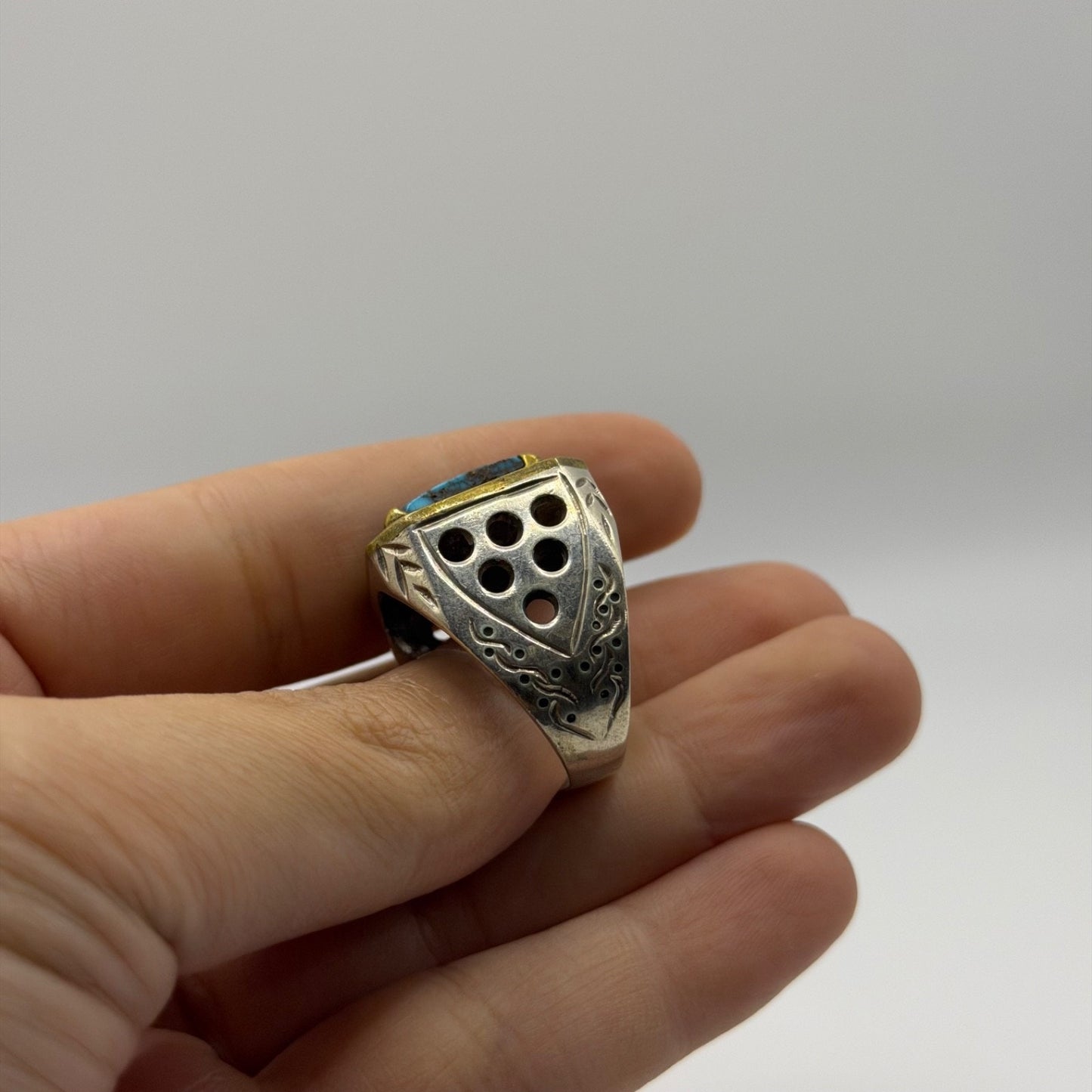 Silver Etched Ring with Square Turquoise Matrix Stone, Pierced Sides