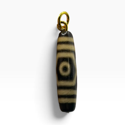 Vintage Tibetan Dzi Eye Agate Bead Tube Pendant Gold Tone Charm