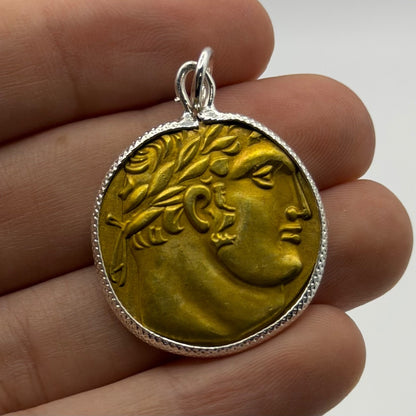 Ancient Roman Greek Style Coin Pendant Silver Gold Tone Coin Medallion Charm