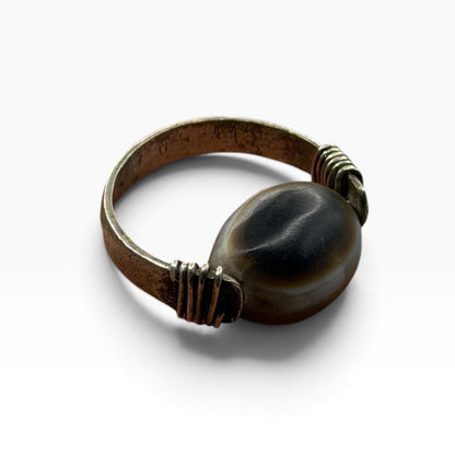 Eyed Dzi Agate Banded Bead Silver Wire Wrapped Ring