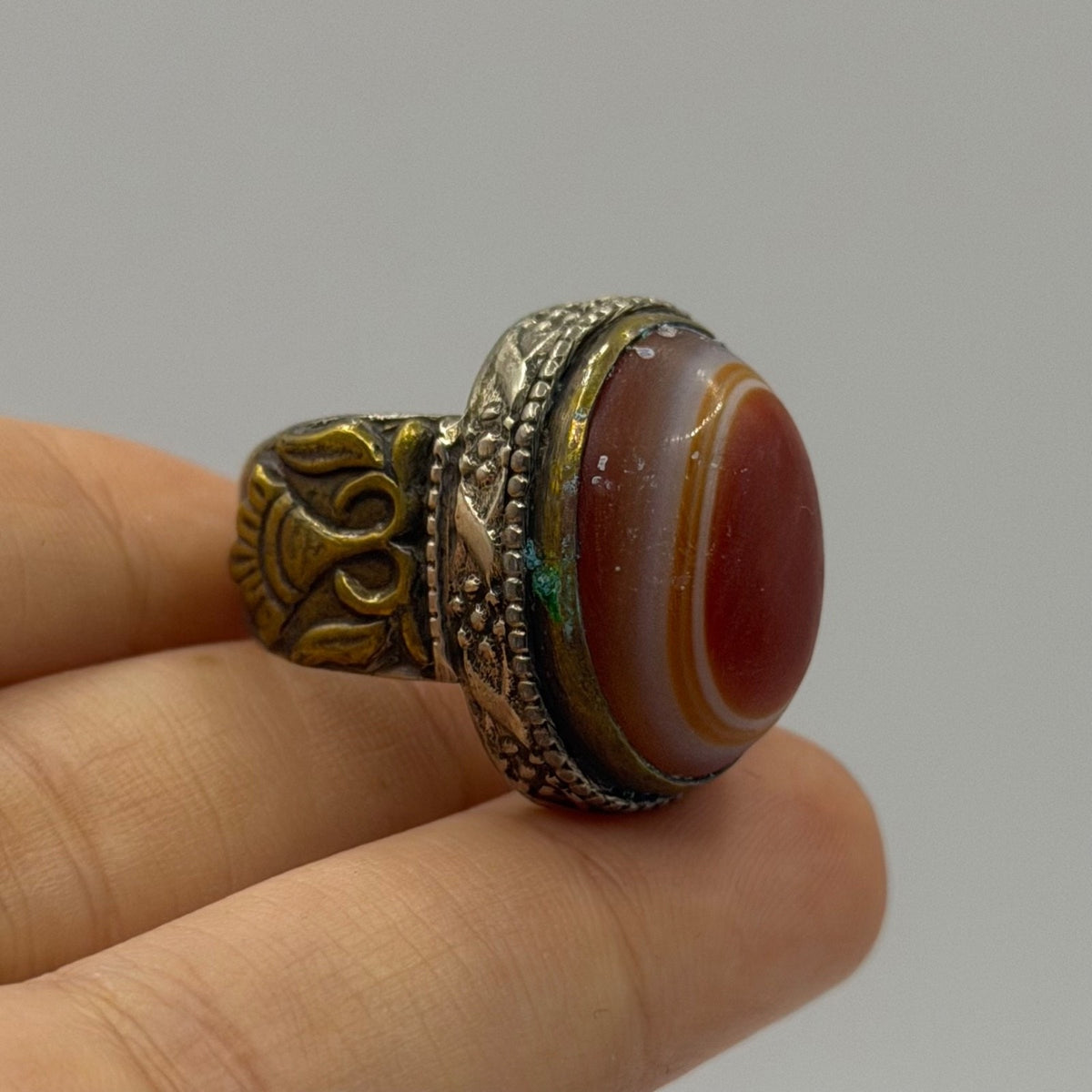 Antique Style Silver Ring with Concentric Banded Carnelian Agate Gemstone
