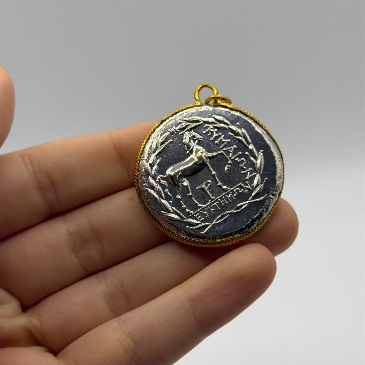 Ancient Roman Greek Style Silver & Gold Plated Coin Pendant