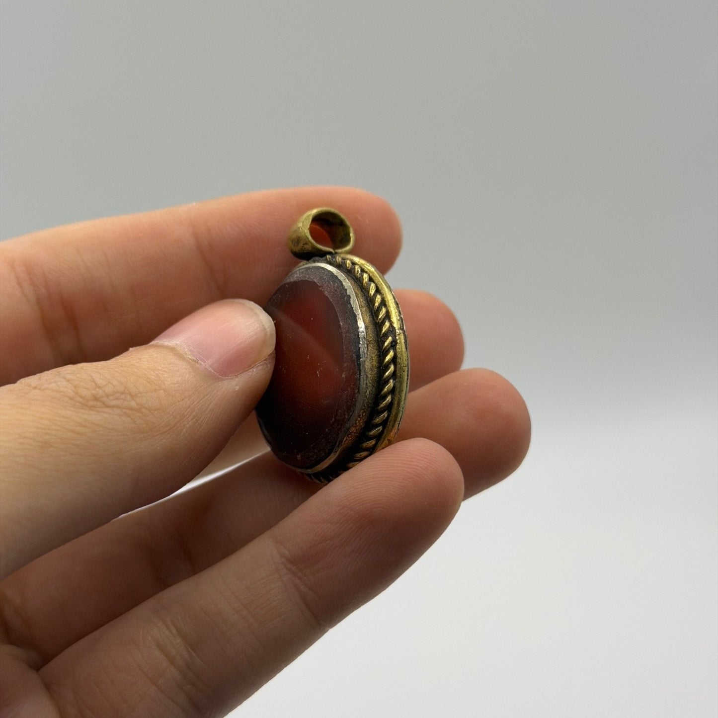 Vintage Brass Framed Oval Carnelian Agate Gemstone Pendant Charm
