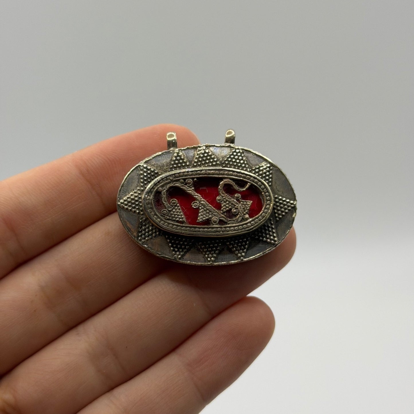 Vintage Tribal Silver Tone Oval Pendant Brooch –Red Resin Inlay Granulation Work