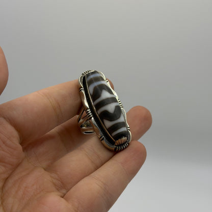 Vintage Tibetan Dzi Bead Sterling Silver Ring