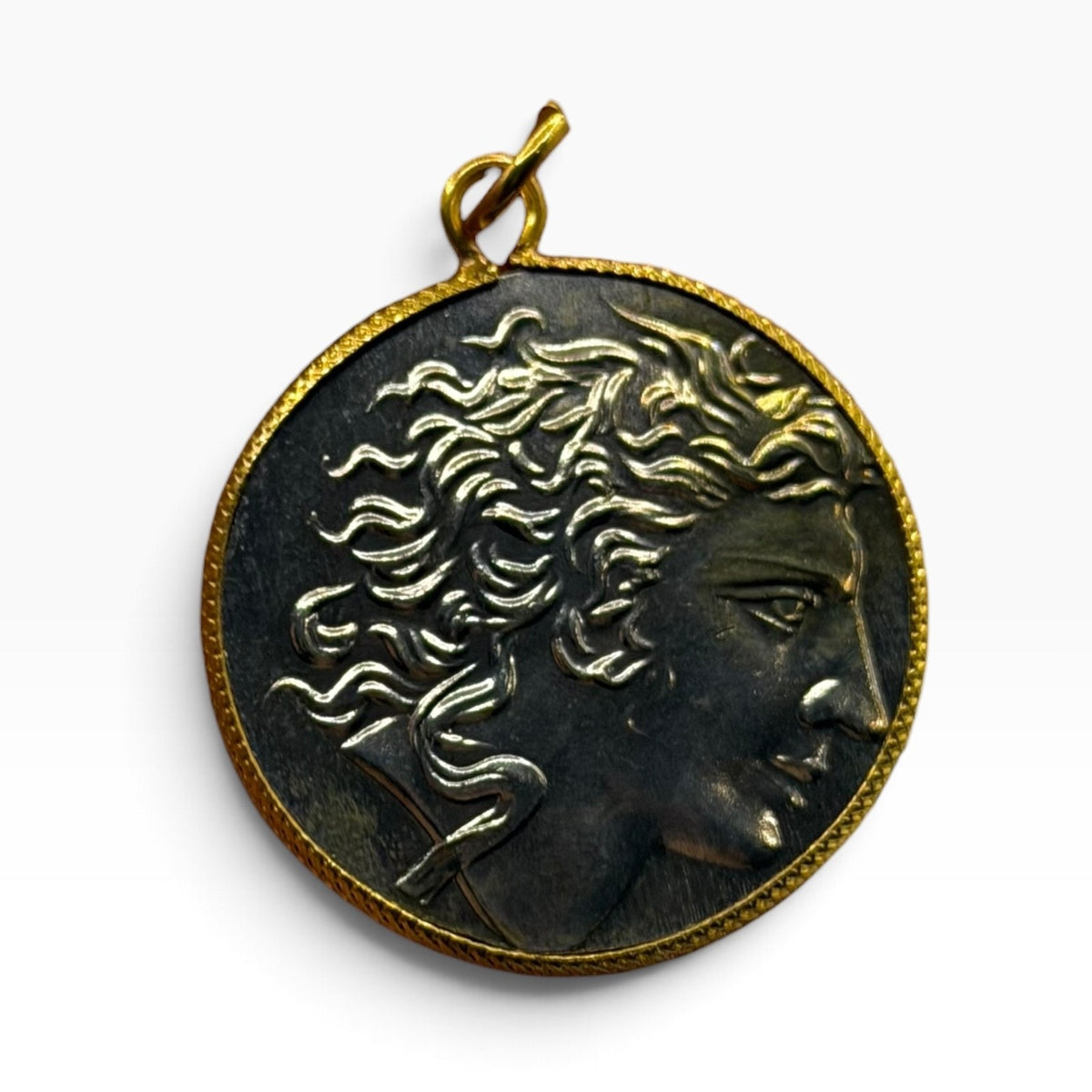 Ancient Roman Greek Style Silver & Gold Tone Coin Pendant