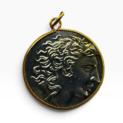 Ancient Roman Greek Style Silver & Gold Tone Coin Pendant