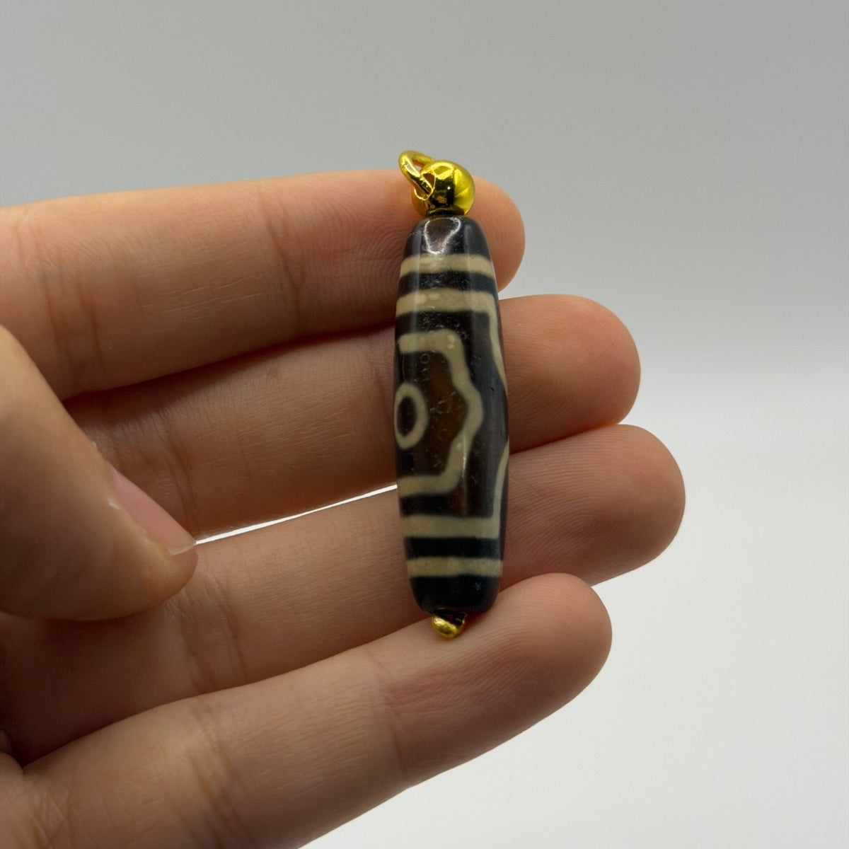 Vintage Tibetan Dzi Eye Agate Bead Tube Pendant Gold Tone Charm