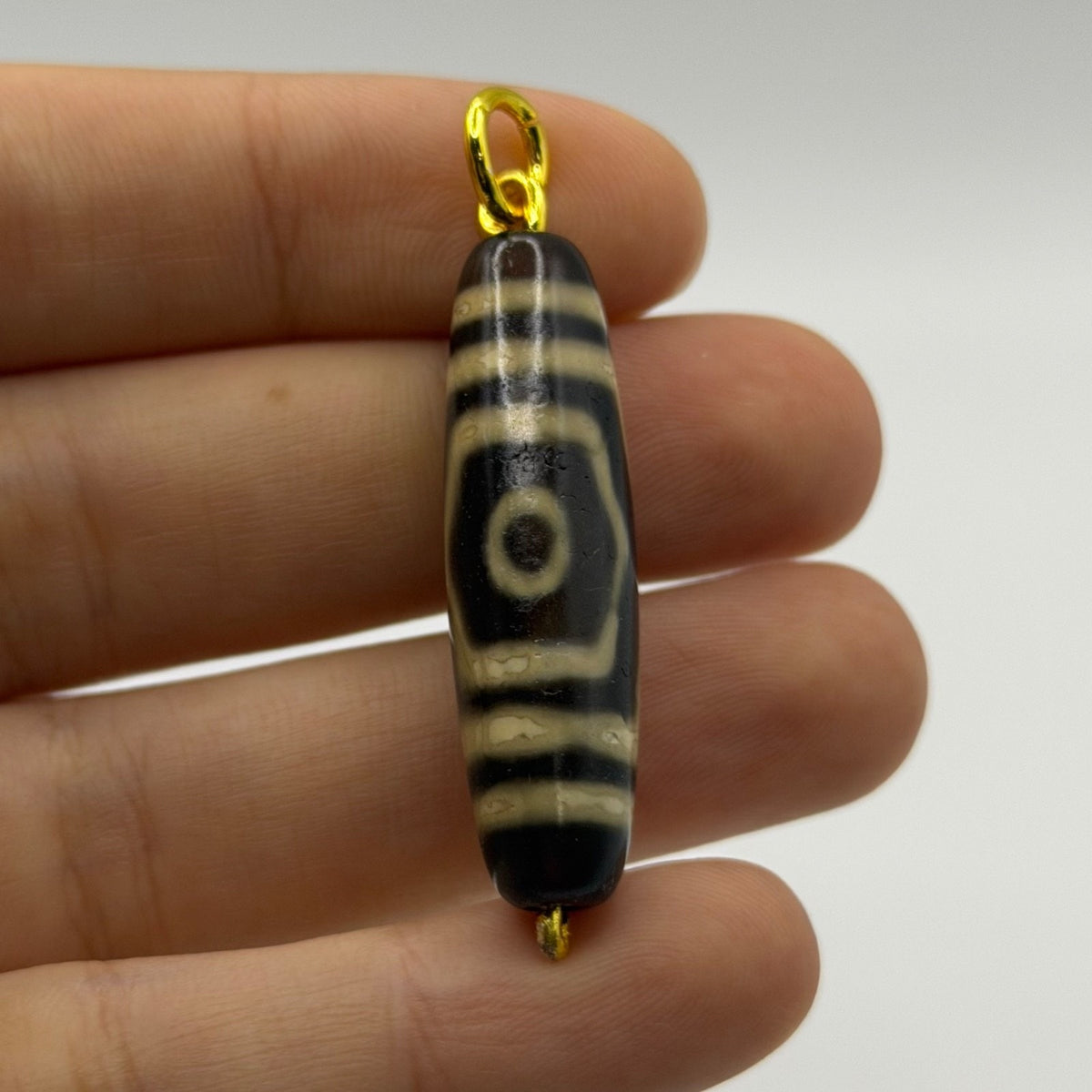 Vintage Tibetan Dzi Eye Agate Bead Tube Pendant Gold Tone Charm
