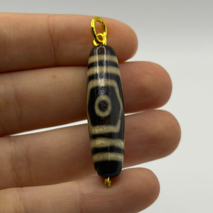 Vintage Tibetan Dzi Eye Agate Bead Tube Pendant Gold Tone Charm