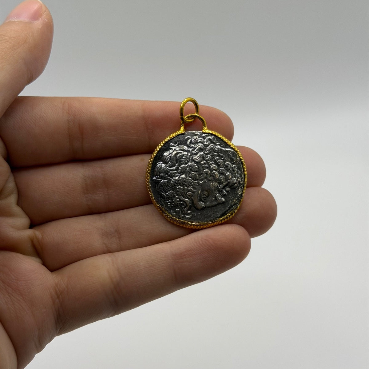 Ancient Roman Greek Style Silver & Gold Plated Coin Pendant