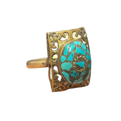 Vintage Nepalese Turquoise Brass Antique Ring