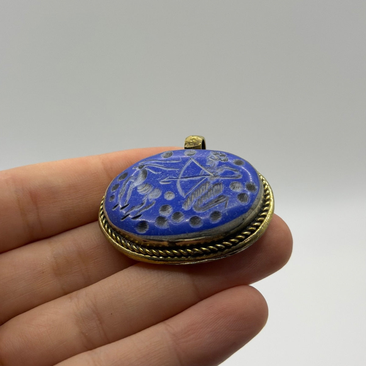 Vintage Lapis Blue Stone Intaglio Pendant –Hand Carved Archer Sagittarius Figure