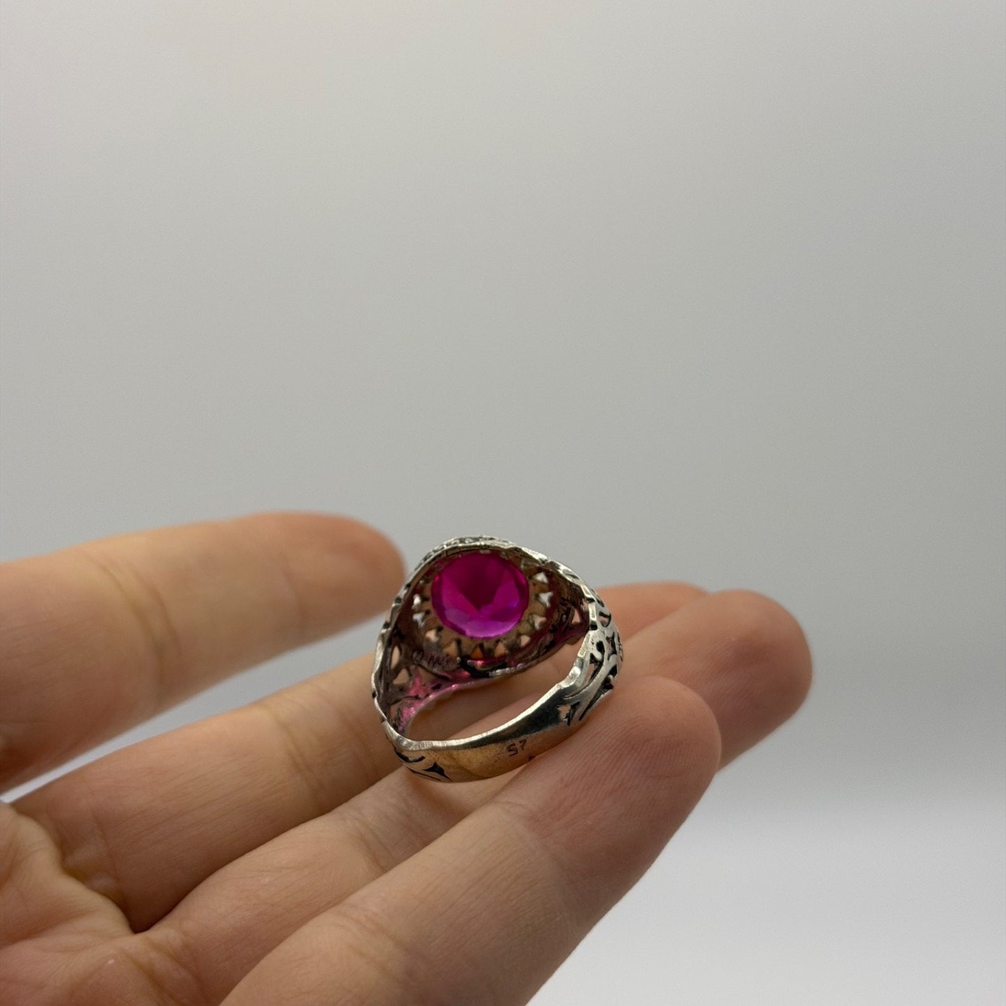 Silver Ornate Crown Setting Ring with Pink Gem Stone