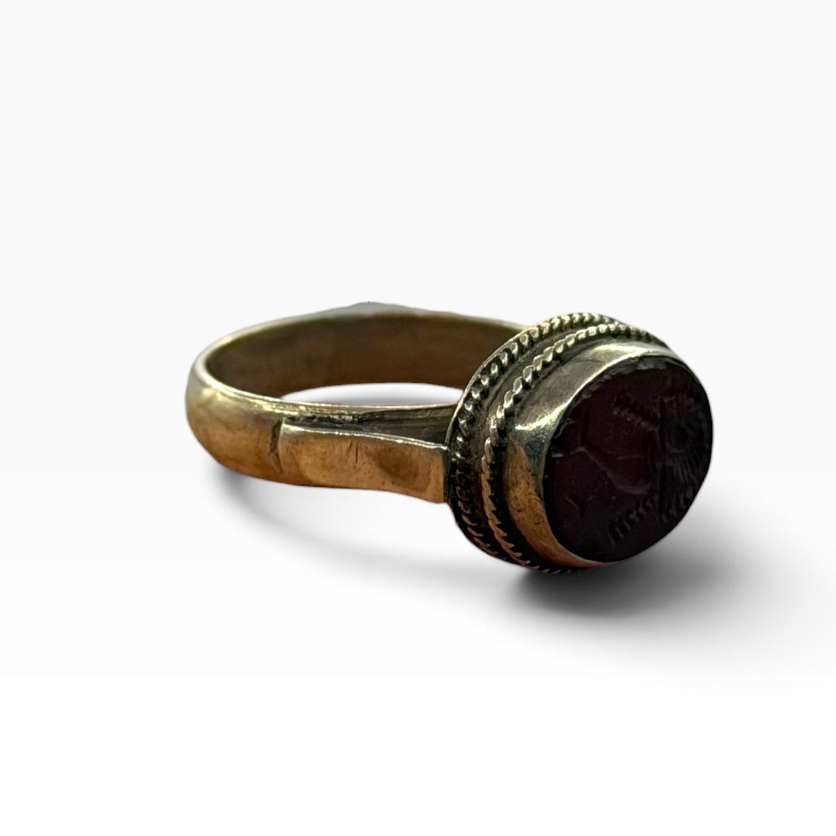 Silver Carnelian Intaglio Engraved Oval Gemstone Rope Edge Signet Ring
