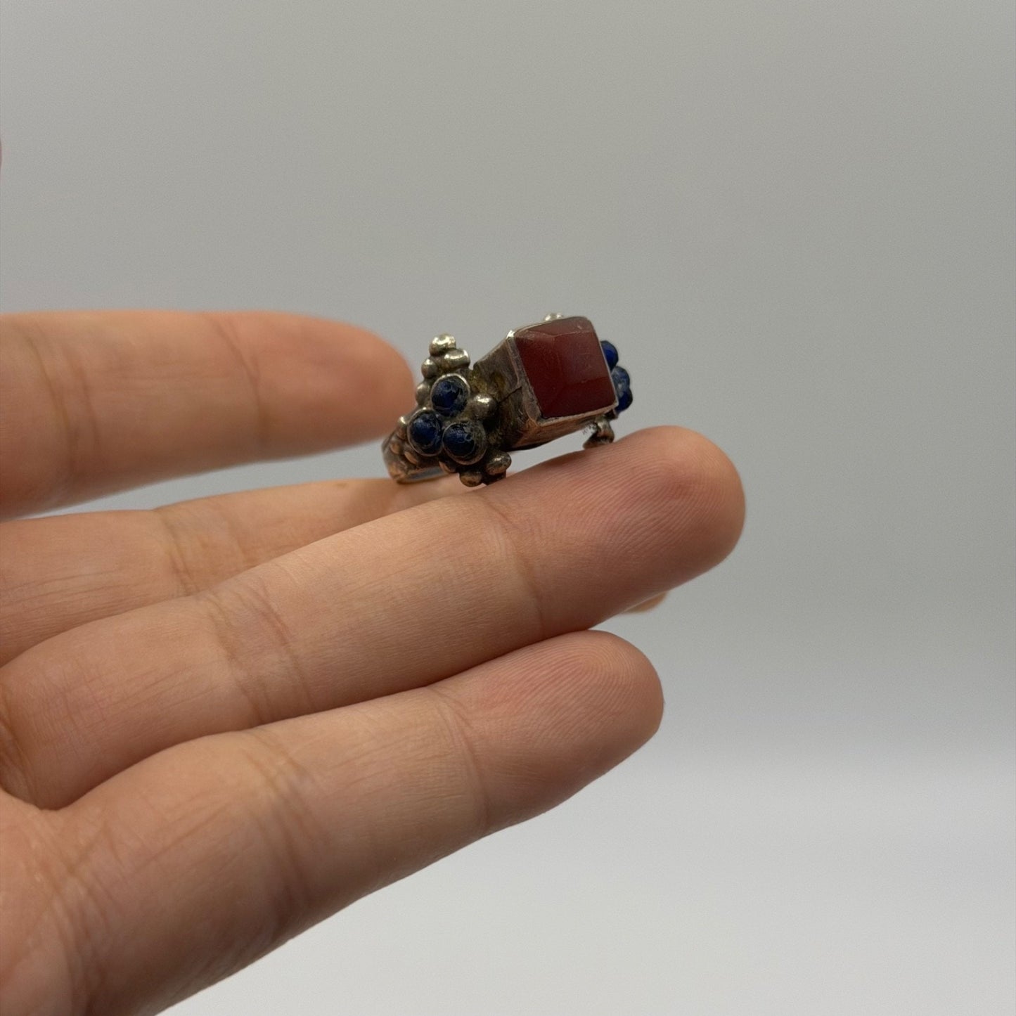 Vintage Silver Red Carnelian & Blue Glass Granulated Bead Accent Ring