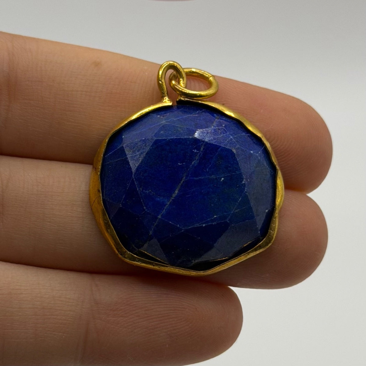 Natural Afghan Lapis Lazuli Faceted Round Pendant Gold Tone Gemstone Charm