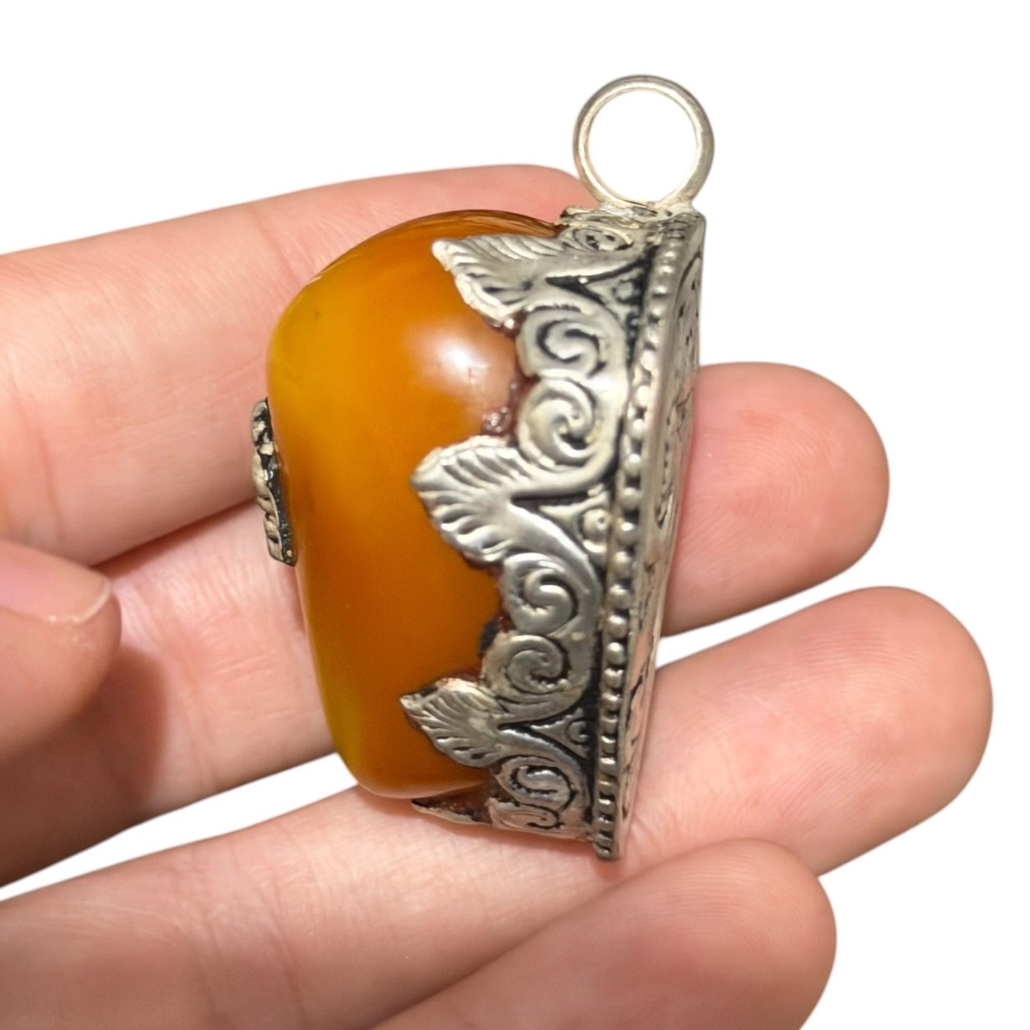 Vintage Nepalese Boho Tribal Amber Like Stone Silver Tone Pendant
