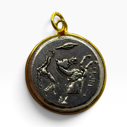 Ancient Roman Greek Style Silver & Gold Tone Coin Pendant