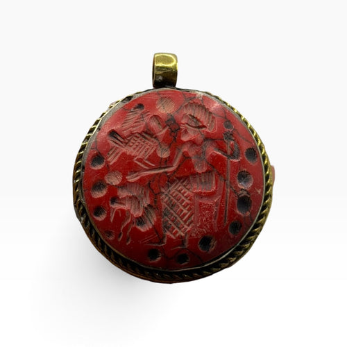 Vintage Hand Carved Red Intaglio Pendant – Carved Figure Brass Framed Amulet