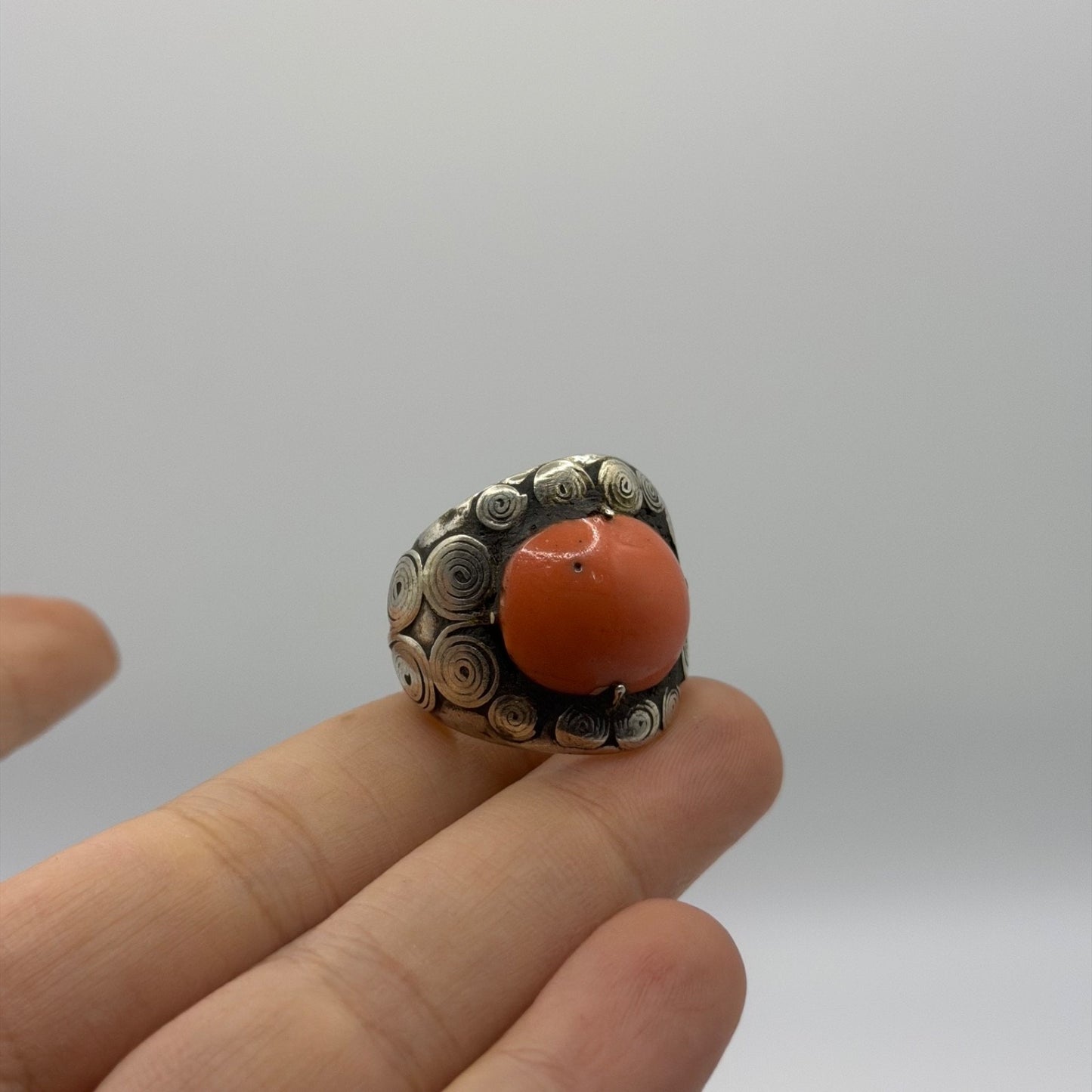 Silver Swirl Design Ring with Round Coral Cabochon
