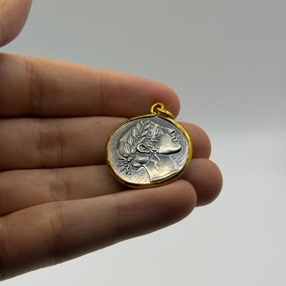 Ancient Roman Greek Style Silver & Gold Tone Coin Pendant