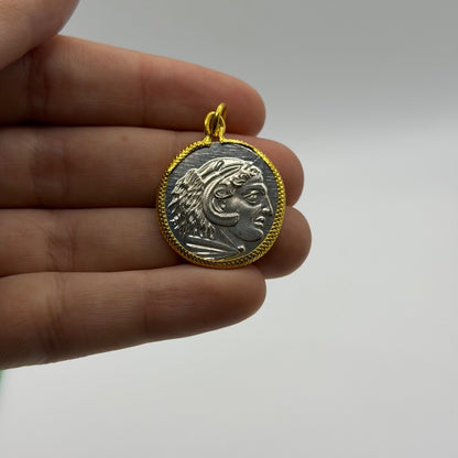 Ancient Roman Greek Style Silver & Gold Plated Coin Pendant