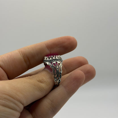 Silver Ornate Crown Setting Ring with Pink Gem Stone