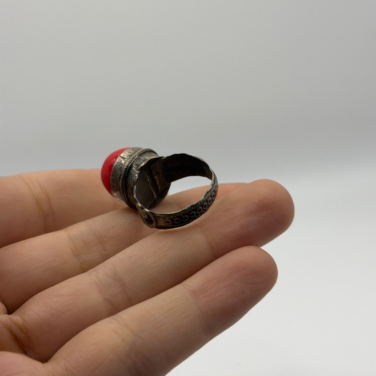 Antique Silver Filigree Ring with Round Red Coral Cabochon