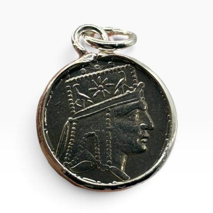 Ancient Roman Greek Style Silver Tone Coin Pendant