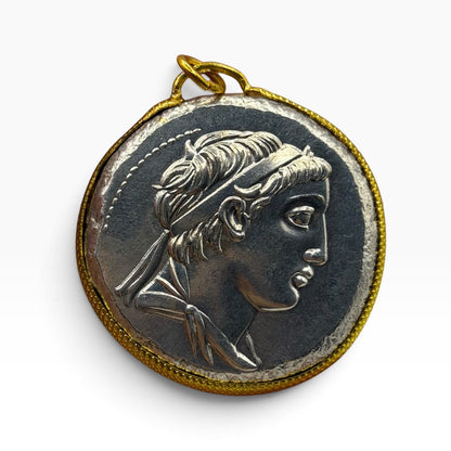 Ancient Roman Greek Style Silver & Gold Tone Coin Pendant