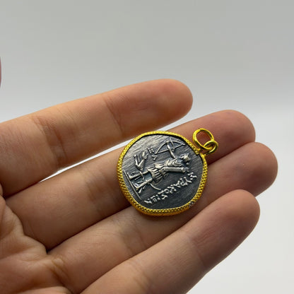Ancient Roman Greek Style Silver & Gold Tone Coin Pendant