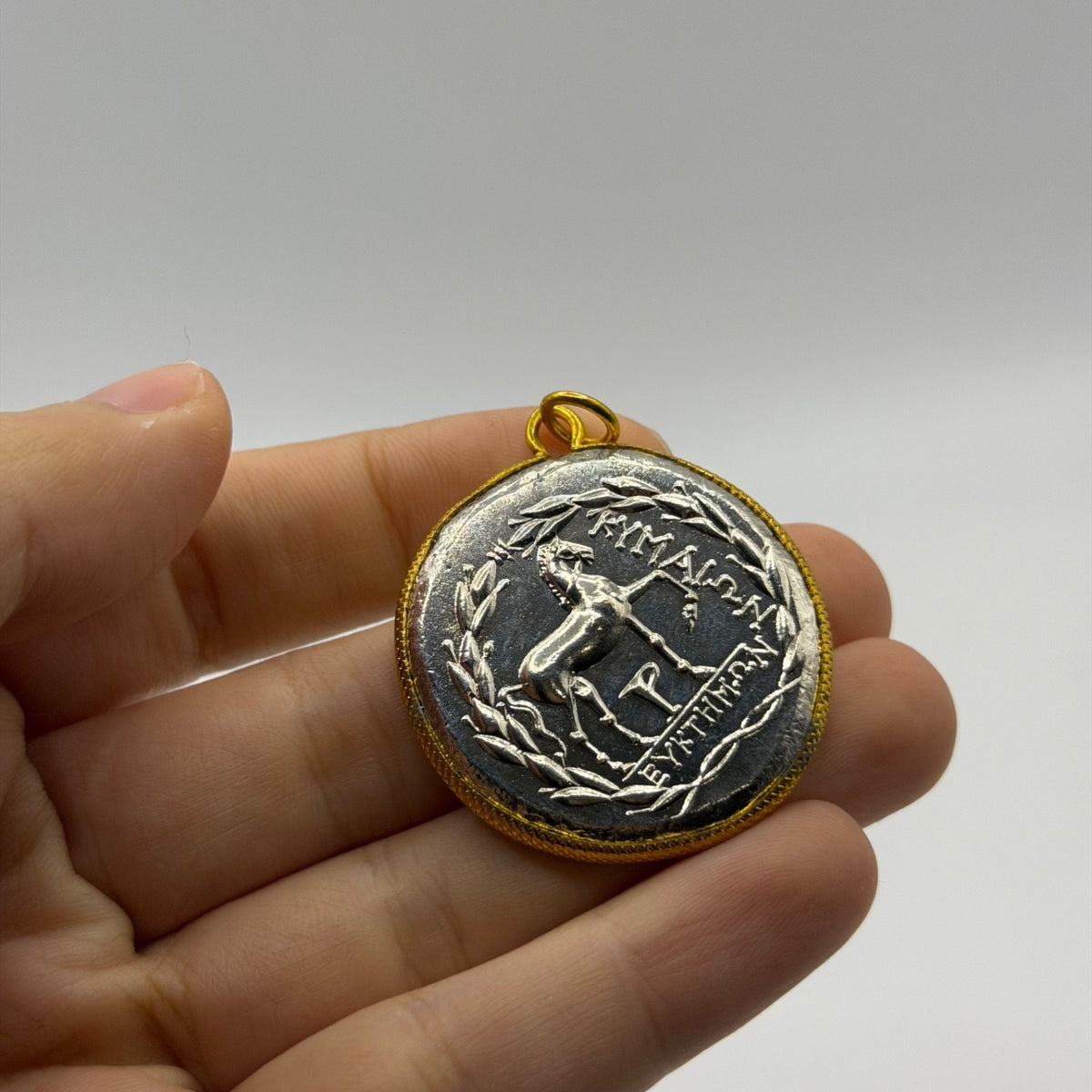 Ancient Roman Greek Style Silver & Gold Plated Coin Pendant