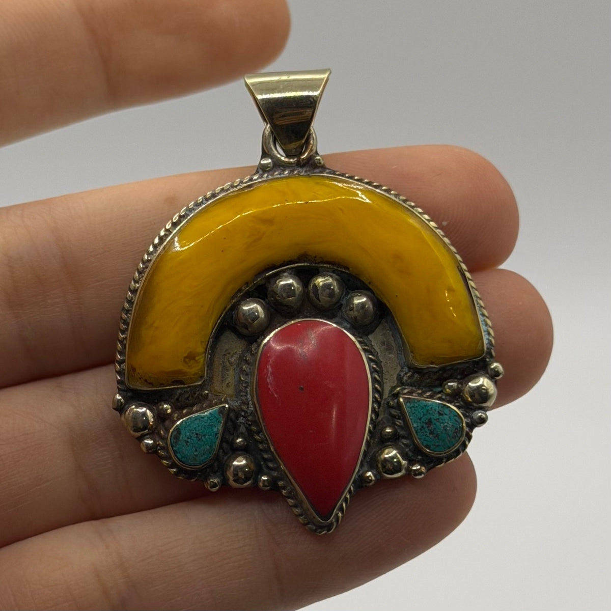 Nepalese Tibetan Style Crescent Pendant Red Coral Turquoise Yellow Resin